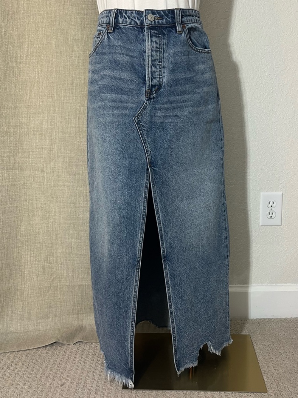 Bohemian We The Free Free People Denim Maxi Skirt Blue Size 28 Distressed